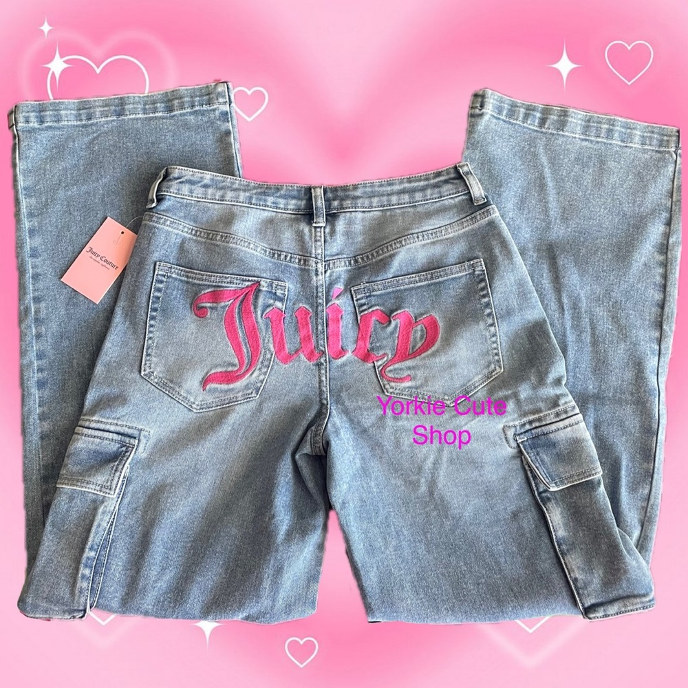 New Juicy Couture Pink Stitched Wide Leg Cargo Jeans